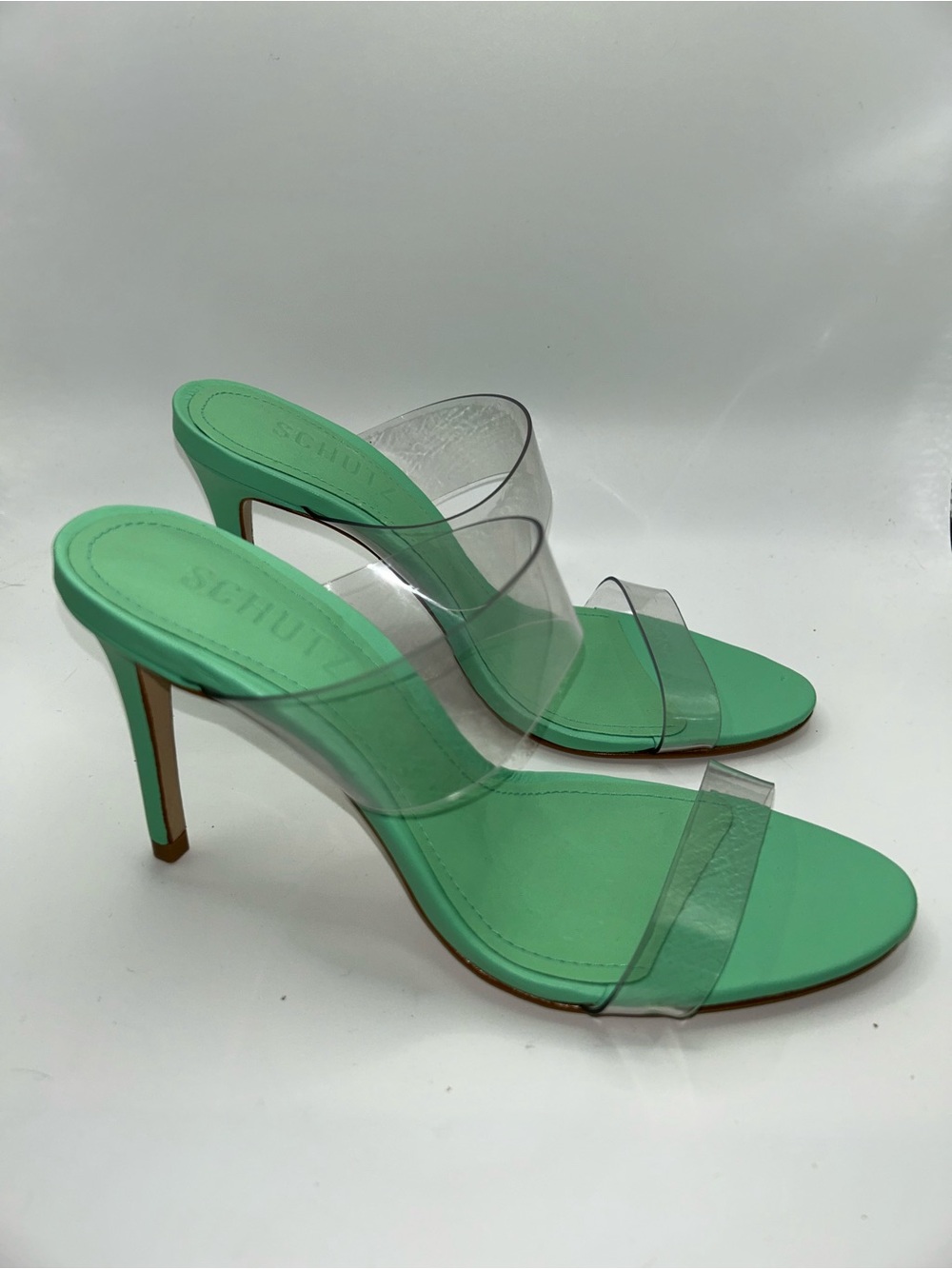 Schutz Arielle mint green and clear strap slip on heel NIB size 5.5